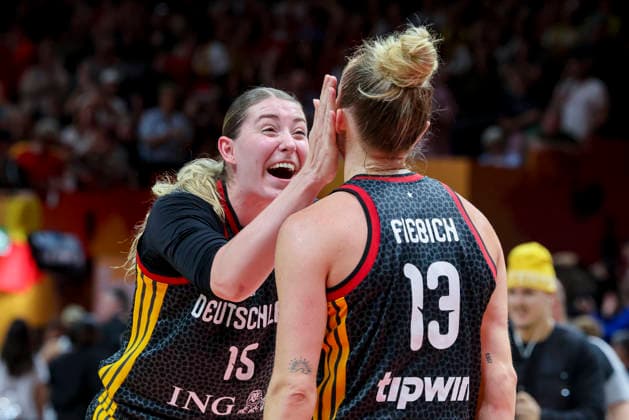 Luisa Geiselsoder (Germany) und Leonie Fiebich (Germany) cheer during the FIBA Women s Basketball World Cup Germany 2026 Quarter-Final match between Belgium and Germany at Berlin Arena on September 10, 2026 in Berlin, Germany. (Photo by Marco Steinbrenner DeFodi Images) -