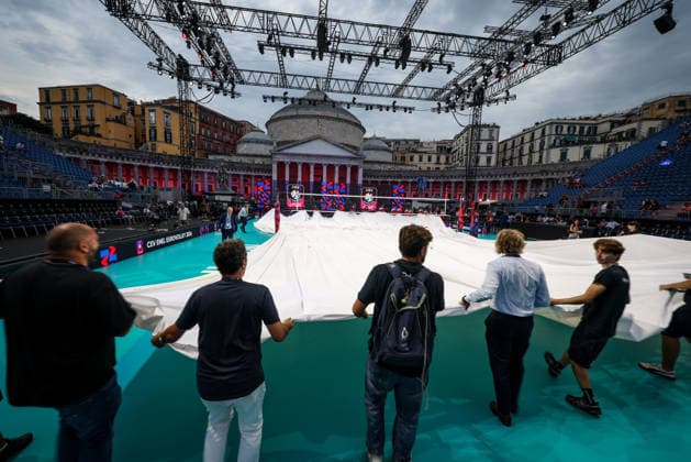 Installation of protective tarpaulins against rain risk during the opening match of the CEV Enel Eurovolley 2026, between Italy and Sweden, Piazza del Plebiscito, Naples, September 10, 2026.  Copyright: xAlessandroxGarofalo LaPressex
