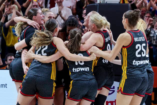 The German players celebrate their victory and their place in the semi-finals during the FIBA Women s Basketball World Cup Germany 2026 Quarter-Final match between Belgium and Germany at Berlin Arena on September 10, 2026 in Berlin, Germany. (Photo by Marco Steinbrenner DeFodi Images) -