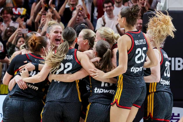 The German players celebrate their victory and their place in the semi-finals during the FIBA Women s Basketball World Cup Germany 2026 Quarter-Final match between Belgium and Germany at Berlin Arena on September 10, 2026 in Berlin, Germany. (Photo by Marco Steinbrenner DeFodi Images) -