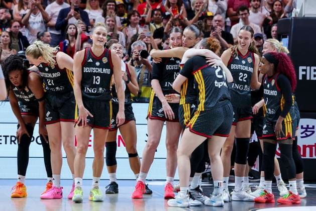 The German players celebrate their victory and their place in the semi-finals during the FIBA Women s Basketball World Cup Germany 2026 Quarter-Final match between Belgium and Germany at Berlin Arena on September 10, 2026 in Berlin, Germany. (Photo by Marco Steinbrenner DeFodi Images) -