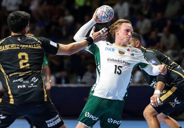 Partizan v Fuchse Berlin - EHF Champions League Tobias Schjolberg Grondahl (R) of Fuchse Berlin in action against Migallon Naranjo Sanchez (L) of Partizan during the EHF Champions League Season 2026 2027 Group Phase match between RK Partizan v Fuchse Berlin at Aleksandar Nikolic Hall on September 10, 2026 in Belgrade, Serbia. Belgrade Serbia Copyright: xSrdjanxStevanovicx x