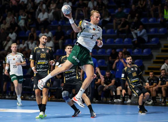 Partizan v Fuchse Berlin - EHF Champions League Max Darj (C) of Fuchse Berlin in action during the EHF Champions League Season 2026 2027 Group Phase match between RK Partizan v Fuchse Berlin at Aleksandar Nikolic Hall on September 10, 2026 in Belgrade, Serbia. Belgrade Serbia Copyright: xSrdjanxStevanovicx x