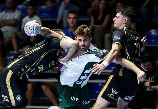Partizan v Fuchse Berlin - EHF Champions League Aymeric Zaepfel (C) of Fuchse Berlin in action against Milija Papovic (R) and Ivan Micic (L) of Partizan during the EHF Champions League Season 2026 2027 Group Phase match between RK Partizan v Fuchse Berlin at Aleksandar Nikolic Hall on September 10, 2026 in Belgrade, Serbia. Belgrade Serbia Copyright: xSrdjanxStevanovicx x