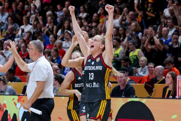 Leonie Fiebich (Germany) cheers during the FIBA Women s Basketball World Cup Germany 2026 Quarter-Final match between Belgium and Germany at Berlin Arena on September 10, 2026 in Berlin, Germany. (Photo by Marco Steinbrenner DeFodi Images) -