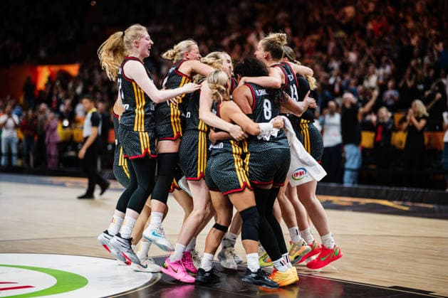 FIBA Women™s Basketball World Cup 2026: Belgien vs. Deutschland, 10.09.2026 Deutschland gewinnt gegen Belgien, jubeln, JUBEL, Feier, feiern, Luisa Geiselsoder (Deutschland, 15), Leonie Fiebich (Deutschland, 13), Nyara Sabally (Deutschland, 8), Emma Eichmeyer (Deutschland, 9), Frieda Bühner (Deutschland, 20), Alexandra Wilke (Deutschland, 3); Basketball, FIBA Women™s Basketball World Cup 2026, Final Phase, Viertelfinale: Belgien vs. Deutschland am 10.09.2026 in der Uber Arena, Berlin Copyright: xBEAUTIFULxSPORTS Tonhäuserx