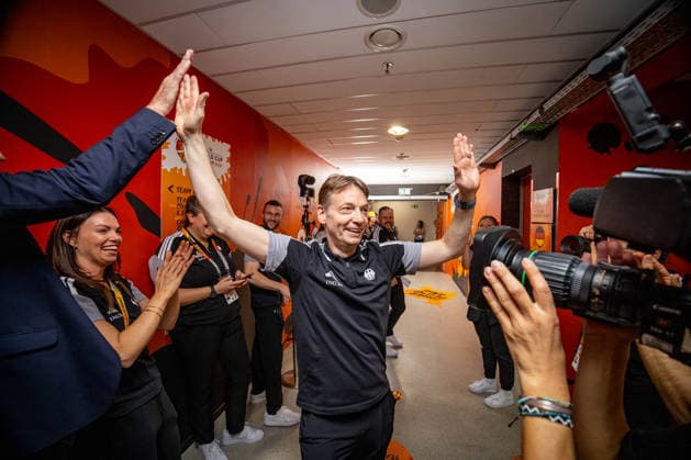 Basketball Berlin 10.09.2026 FIBA Women™s Basketball World Cup Germany 2026 Viertelfinale Quarterfinal Belgien (BEL) - Deutschland (GER) Deutschland gewinnt und steht im Halbfinale Jubel Olaf Lange (Deutschland, Trainer)
