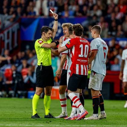 EINDHOVEN , 10-09-2026 , Philips stadium, season 2026 2027 , UEFA Champions League football , match between PSV and Shakhtar Donetsk, picture shows yellow card giving to Shakhtar Donetsk player Dmytro Kryskiv PSV - Shakhtar Donetsk  x206828221x Copyright: