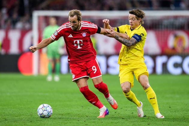 260910 Harry Kane of Bayern München and Patrick Berg of Bodo Glimt during the UEFA Champions League football match between Bayern München and Bodo Glimt on September 10, 2026 in Munich. Photo: Marius Simensen BILDBYRAN COP 238 MM0073 bbeng football fotball fotboll soccer uefa champions league mesterligaen bodo glimt bayern münchen Copyright: MARIUSxSIMENSEN BB260910BB548