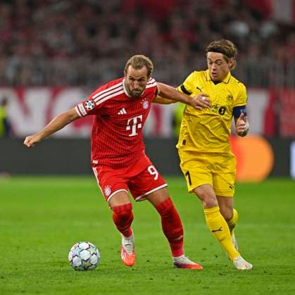 10.09.2026, Fussball UEFA Championsleague 2026 2027: 1.Spieltag, FC Bayern München - FK Bodo Glimt, in der Allianz-Arena München, v.l. Harry Kane (FC Bayern München) gegen Patrick Berg (FK Bodo Glimt)