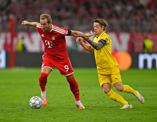 10.09.2026, Fussball UEFA Championsleague 2026 2027: 1.Spieltag, FC Bayern München - FK Bodo Glimt, in der Allianz-Arena München, v.l. Harry Kane (FC Bayern München) gegen Patrick Berg (FK Bodo Glimt)