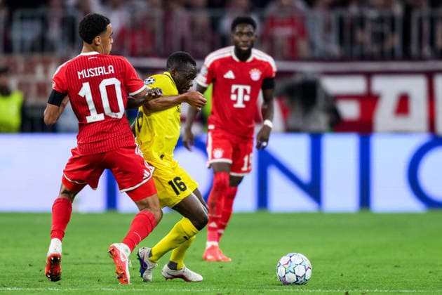 260910 Jamal Musiala of Bayern München and Joshua Kitolano of Bodo Glimt during the UEFA Champions League football match between Bayern München and Bodo Glimt on September 10, 2026 in Munich. Photo: Marius Simensen BILDBYRAN COP 238 MM0073 bbeng football fotball fotboll soccer uefa champions league mesterligaen bodo glimt bayern münchen Copyright: MARIUSxSIMENSEN BB260910BB600