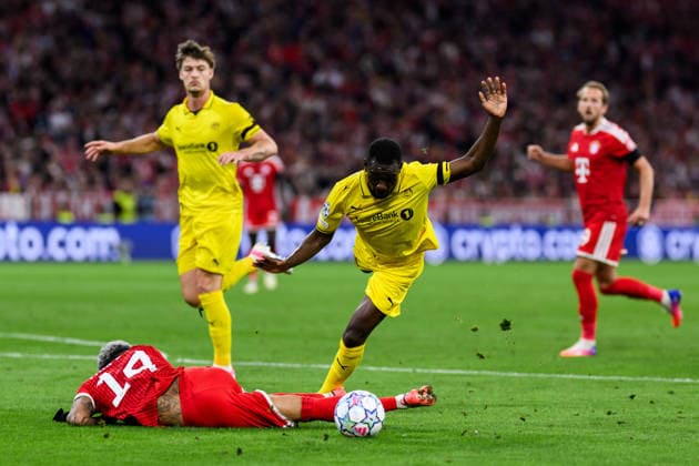 260910 Luis Diaz of Bayern München and Joshua Kitolano of Bodo Glimt during the UEFA Champions League football match between Bayern München and Bodo Glimt on September 10, 2026 in Munich. Photo: Marius Simensen BILDBYRAN COP 238 MM0073 bbeng football fotball fotboll soccer uefa champions league mesterligaen bodo glimt bayern münchen Copyright: MARIUSxSIMENSEN BB260910BB621