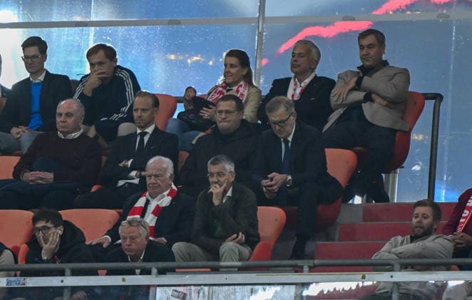 10.09.2026, xemx, Fussball UEFA Champions League, FC Bayern Muenchen - FK Bodö Glimt v.l. Ehrenpraesident Ulrich Uli Hoeness, Max Eberl, Jan-Christian Dreesen, Praesident Herbert Hainer FC Bayern Muenchen , Ministerpraesident Bayern Markus Söder Muenchen