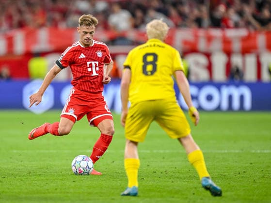 Joshua Kimmich (FC Bayern Muenchen) and Sondre Auklend (FK Bodo Glimt) battle for the ball during the UEFA Champions League 2026 2027 match between Bayern Muenchen and Bodo Glimt at Fussball Arena Muenchen on September 10, 2026 in Munich, Germany. (Photo by Harry Langer DeFodi Images) -