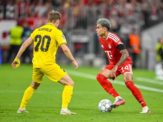 Fredrik Sjovold (FK Bodo Glimt) and Luis Diaz (FC Bayern Muenchen) battle for the ball during the UEFA Champions League 2026 2027 match between Bayern Muenchen and Bodo Glimt at Fussball Arena Muenchen on September 10, 2026 in Munich, Germany. (Photo by Harry Langer DeFodi Images) -
