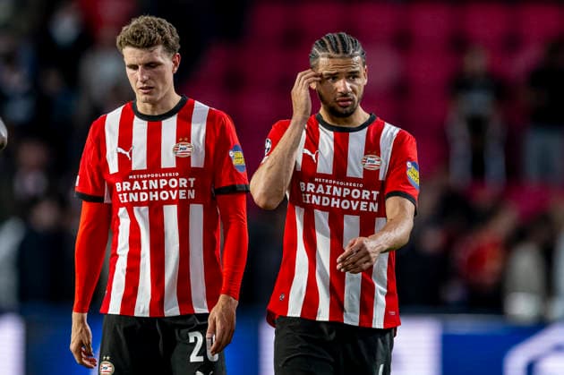 EINDHOVEN - (l-r) PSV Eindhoven midfielder Guus Til and PSV Eindhoven defender Armando Obispo during the UEFA Champions League match between PSV and Shakhtar Donetsk at Philips Stadion on 10 September 2026 in Eindhoven, Nederland. (Photo by DeFodi Images) -