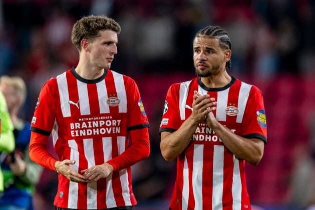 EINDHOVEN - (l-r) PSV Eindhoven midfielder Guus Til and PSV Eindhoven defender Armando Obispo during the UEFA Champions League match between PSV and Shakhtar Donetsk at Philips Stadion on 10 September 2026 in Eindhoven, Nederland. (Photo by DeFodi Images) -