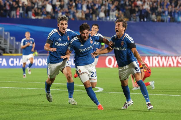 Como 1907 v RB Leipzig - UEFA Champions League - Season 2026-2027 Como, Italy, 10th September 2026. Martin Baturina of Como 1907 celebrates with team mates Alex Valle and Luis Milla after scoring to give the side a 1-0 lead during the Como 1907 vs RB Leipzig UEFA Champions League, group phase match at Stadio Giuseppe Sinigaglia, Como. Picture credit should read: Jonathan Moscrop Como Stadio Giuseppe Sinigaglia Italy