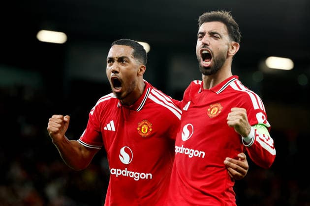 Manchester United, ManU v Sabah FC - UEFA Champions League 2026 27 League Phase MD1 Youri Tielemans and Bruno Fernandes of Manchester United celebrate 2nd goal during the UEFA Champions League 2026 27 League Phase MD1 match between Manchester United and Sabah FC at Old Trafford on September 10, 2026 in Manchester, England. Manchester Old Trafford England United Kingdom Copyright: xAllstarxPicturexLibraryxLtdx