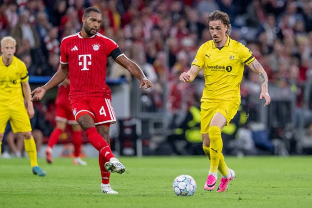 Kampf um den Ball Zweikampf zwischen Jonathan Tah (FC Bayern Muenchen, 04) und Andreas Helmersen (FK Bodo Glimt, 09) GER, FC Bayern Muenchen vs. FK Bodo Glimt, Fussball, UEFA Champions League, Ligaphase, 1. Spieltag, Spielzeit 2026 2027, 10.09.2026 (DFL DFB REGULATIONS PROHIBIT ANY USE OF PHOTOGRAPHS as IMAGE SEQUENCES and or QUASI-VIDEO). Foto: HMB Media Heike Feiner Copyright: HMBxMedia HeikexFeiner