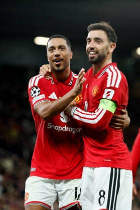 Manchester United, ManU v Sabah FC - UEFA Champions League 2026 27 League Phase MD1 Youri Tielemans and Bruno Fernandes of Manchester United celebrate 2nd goal during the UEFA Champions League 2026 27 League Phase MD1 match between Manchester United and Sabah FC at Old Trafford on September 10, 2026 in Manchester, England. Manchester Old Trafford England United Kingdom Copyright: xAllstarxPicturexLibraryxLtdx