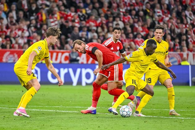 Harry Kane (FC Bayern Muenchen) and Joshua Kitolano (FK Bodo Glimt) battle for the ball during the UEFA Champions League 2026 2027 match between Bayern Muenchen and Bodo Glimt at Fussball Arena Muenchen on September 10, 2026 in Munich, Germany. (Photo by Harry Langer DeFodi Images) -