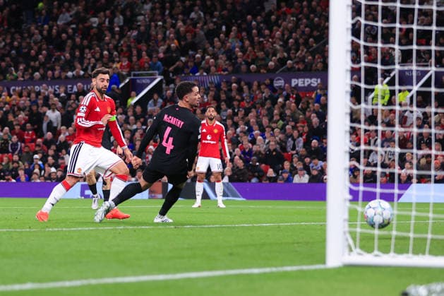 Football - UEFA Champions League - League Phase - Manchester United, ManU v Sabah FK 10th September 2026 - UEFA Champions League - League Phase - Manchester United v Sabah FK - Bruno Fernandes of Manchester United scores their 2nd goal - Photo: Simon Stacpoole Offside. Manchester UK Copyright: xSimonxStacpoolexOffside