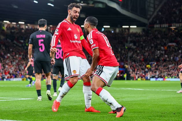 RECORD DATE NOT STATED 10th September 2026; Old Trafford, Manchester, England; UEFA Champions League Football, Manchester United, ManU versus Sabah; Bruno Fernandes of Manchester United celebrates with Youri Tielemans after scoring to make it 2-0 in the 43rd minute RogerxEvans