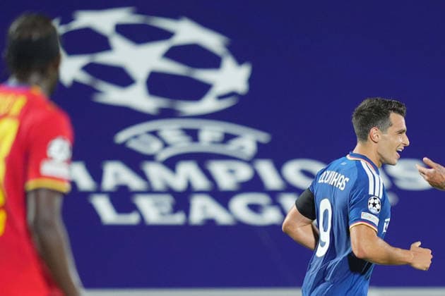 Como™s Tasos Douvikas celebrates after scoring 2-0 during the UEFA Champions League football match between Como and RB Leipzig - Champions League 2026 2027 - Giuseppe Sinigallia in Como , north Italy - Thursday , September 10 , 2026. - Soccer  Copyright: xSpada LaPressex