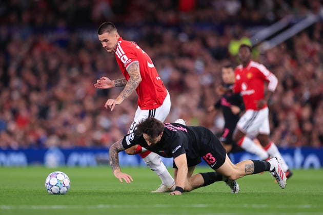 Football - UEFA Champions League - League Phase - Manchester United, ManU v Sabah FK 10th September 2026 - UEFA Champions League - League Phase - Manchester United v Sabah FK - Benjamin Sesko of Manchester United battles with Ivan Lepinjica of Sabah - Photo: Simon Stacpoole Offside. Manchester UK Copyright: xSimonxStacpoolexOffside