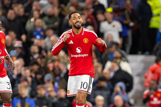 Matheus Cunha seen celebrating after goal during UEFA Champions League 2026 2027 league phase game between teams of Manchester United, ManU and Sabah FC (Ernest Kolodziej Ball Raw Images) Manchester Old Trafford England Copyright: xErnestxKolodziejx ernestkolodziej_manchester_sabah_2627_OL_2269