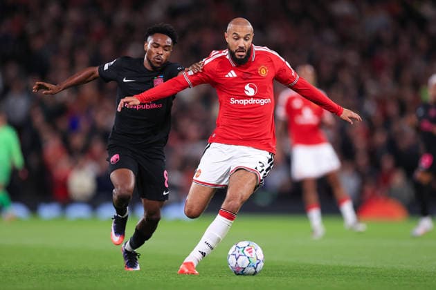 Football - UEFA Champions League - League Phase - Manchester United, ManU v Sabah FK 10th September 2026 - UEFA Champions League - League Phase - Manchester United v Sabah FK - Noussair Mazraoui of Manchester United battles with Christian Nwachukwu of Sabah - Photo: Simon Stacpoole Offside. Manchester UK Copyright: xSimonxStacpoolexOffside