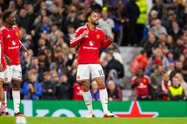 Matheus Cunha seen celebrating after goal during UEFA Champions League 2026 2027 league phase game between teams of Manchester United, ManU and Sabah FC (Ernest Kolodziej Ball Raw Images) Manchester Old Trafford England Copyright: xErnestxKolodziejx ernestkolodziej_manchester_sabah_2627_OL_2267
