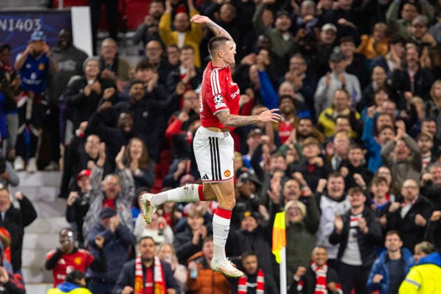 Benjamin Sesko seen celebrating after goal during UEFA Champions League 2026 2027 league phase game between teams of Manchester United, ManU and Sabah FC (Ernest Kolodziej Ball Raw Images) Manchester Old Trafford England Copyright: xErnestxKolodziejx ernestkolodziej_manchester_sabah_2627_OL_2567