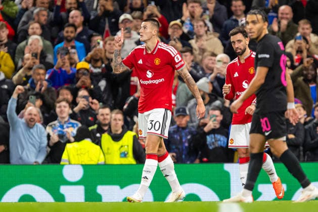 Benjamin Sesko seen celebrating after goal during UEFA Champions League 2026 2027 league phase game between teams of Manchester United, ManU and Sabah FC (Ernest Kolodziej Ball Raw Images) Manchester Old Trafford England Copyright: xErnestxKolodziejx ernestkolodziej_manchester_sabah_2627_OL_2615