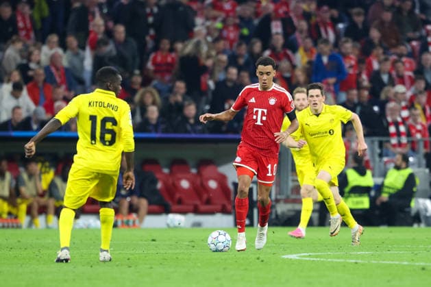 Jamal Musiala (FC Bayern Muenchen, 10) mit Joshua Kitolano (FK Bodo Glimt, 16), GER, FC Bayern Muenchen vs. FK Bodo Glimt, Fussball, UEFA Champions League, Liga-Phase, 1. Spieltag, Saison 2026 2027, 10.09.2026, GER, FC Bayern Muenchen vs. FK Bodo Glimt, Fussball, UEFA Champions League, Liga-Phase, 1. Spieltag, Saison 2026 2027, 10.09.2026 Muenchen Copyright: xEibner-Pressefoto JennixMaulx EP_JML