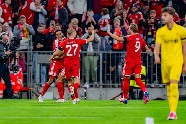 UEFA Champions League, 1. Spieltag, FC Bayern München vs. Bodo Glimt am 10.09.2026 Tor und Jubel zum 1:0 durch Jamal Musiala mit Konrad Laimer Joshua Kimmich Michael Olise Copyright: xBahhoxKarax