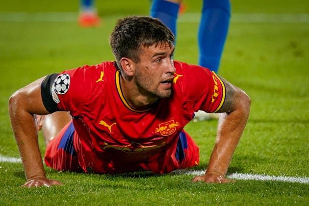 Italien: Fussball UEFA Champions League 2026 - 2027, 1. Spieltag - Como 1907 vs RB Leipzig - Giuseppe Sinigaglia (Como): Marc Guiu (RB Leipzig, 9) am Boden - Mimik, Gesichtsausdruck, Emotion Copyright: xJOERANxSTEINSIEKx