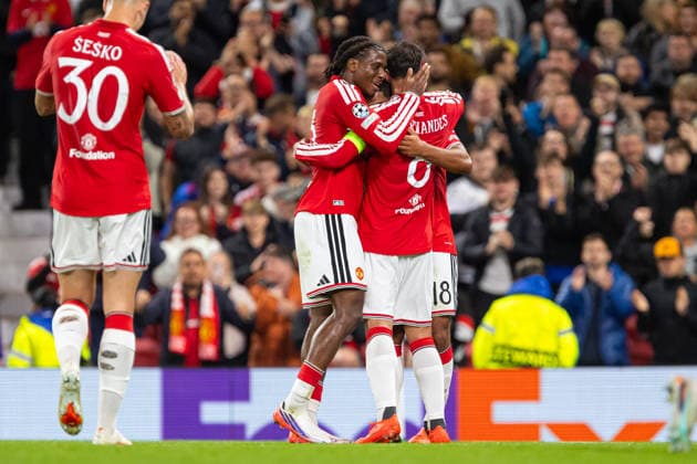 Bruno Fernandes, Patrick Dorgu and Youri Tielemans seen celebrating after goal during UEFA Champions League 2026 2027 league phase game between teams of Manchester United, ManU and Sabah FC (Ernest Kolodziej Ball Raw Images) Manchester Old Trafford England Copyright: xErnestxKolodziejx ernestkolodziej_manchester_sabah_2627_OL_2423