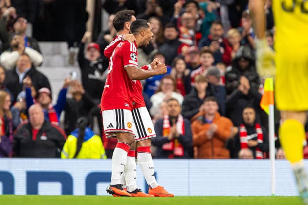 Bruno Fernandes and Youri Tielemans seen celebrating after goal during UEFA Champions League 2026 2027 league phase game between teams of Manchester United, ManU and Sabah FC (Ernest Kolodziej Ball Raw Images) Manchester Old Trafford England Copyright: xErnestxKolodziejx ernestkolodziej_manchester_sabah_2627_OL_2467