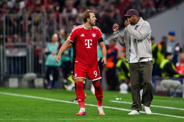 260910 Harry Kane and Head coach Vincent Kompany of Bayern München after 2-0 during the UEFA Champions League football match between Bayern München and Bodo Glimt on September 10, 2026 in Munich. Photo: Marius Simensen BILDBYRAN COP 238 MM0073 bbeng football fotball fotboll soccer uefa champions league mesterligaen bodo glimt bayern münchen jubel Copyright: MARIUSxSIMENSEN BB260910BB816