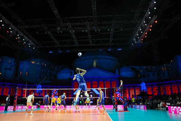 Italia s Daniele Lavia during the opening match of the CEV Enel Eurovolley 2026, between Italy and Sweden, Piazza del Plebiscito, Naples, September 10, 2026.  Copyright: xAlessandroxGarofalo LaPressex