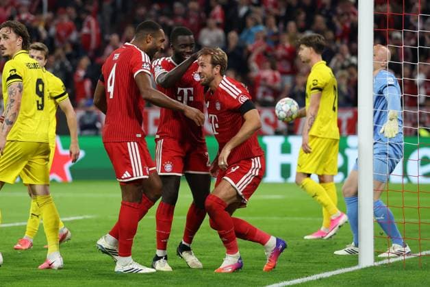 die Mannschaft freut sich ueber das Tor von Harry Kane 9 (FC Bayern Muenchen) zum 2:0, Jonathan Tah 4 (FC Bayern Muenchen), Dayot Upamecano 2 (FC Bayern Muenchen), FC Bayern Muenchen vs. FK Bodo Glimt, Fussball, UEFA, Champions League, Gruppenphase, 09.09.2026 Muenchen Bayern Deutschland