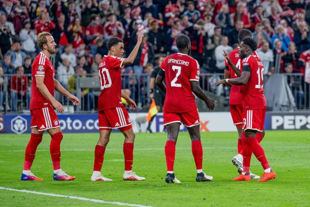 Jamal Musiala (FC Bayern Muenchen, 10), Dayot Upamecano (FC Bayern Muenchen, 02), Jonathan Tah (FC Bayern Muenchen, 04) und Alphonso Davies (FC Bayern Muenchen, 19) bejubeln mit Harry Kane (FC Bayern Muenchen, 09) dessen Tor zum 2:0 GER, FC Bayern Muenchen vs. FK Bodo Glimt, Fussball, UEFA Champions League, Ligaphase, 1. Spieltag, Spielzeit 2026 2027, 10.09.2026 (DFL DFB REGULATIONS PROHIBIT ANY USE OF PHOTOGRAPHS as IMAGE SEQUENCES and or QUASI-VIDEO). Foto: HMB Media Heike Feiner Copyright: HMBxMedia HeikexFeiner