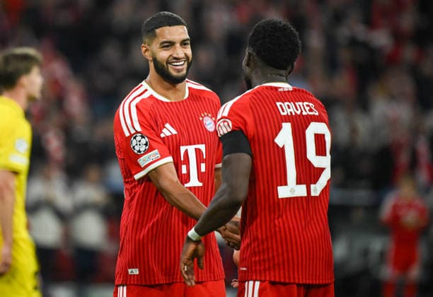 10.09.2026, xemx, Fussball UEFA Champions League, FC Bayern Muenchen - FK Bodö Glimt v.l. Alphonso Davies (FC Bayern Muenchen) Jubel, Torjubel, celebrate the goal, jubelt ueber das Tor zum 3:0 Muenchen