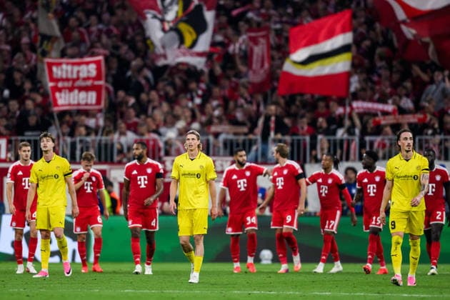 260910 Ulrik Saltnes and Andreas Helmersen of Bodo Glimt look dejected after 3-0 during the UEFA Champions League football match between Bayern München and Bodo Glimt on September 10, 2026 in Munich. Photo: Marius Simensen BILDBYRAN COP 238 MM0073 bbeng football fotball fotboll soccer uefa champions league mesterligaen bodo glimt bayern münchen depp Copyright: MARIUSxSIMENSEN BB260910BB894