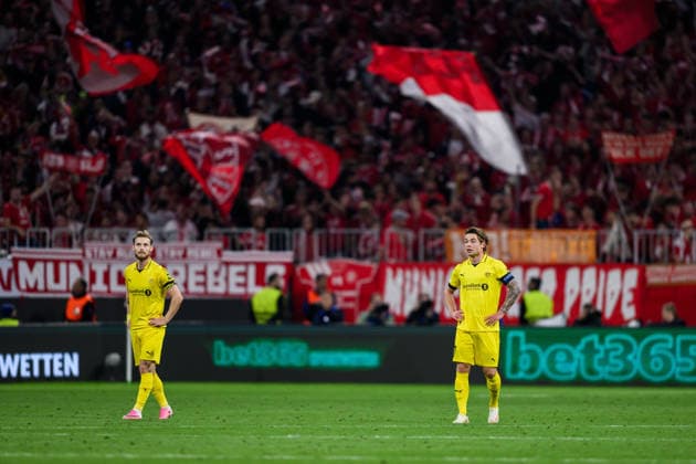 260910 Ole Didrik Blomberg and Patrick Berg of Bodo Glimt look dejected after 4-0 during the UEFA Champions League football match between Bayern München and Bodo Glimt on September 10, 2026 in Munich. Photo: Marius Simensen BILDBYRAN COP 238 MM0073 bbeng football fotball fotboll soccer uefa champions league mesterligaen bodo glimt bayern münchen depp Copyright: MARIUSxSIMENSEN BB260910BB905