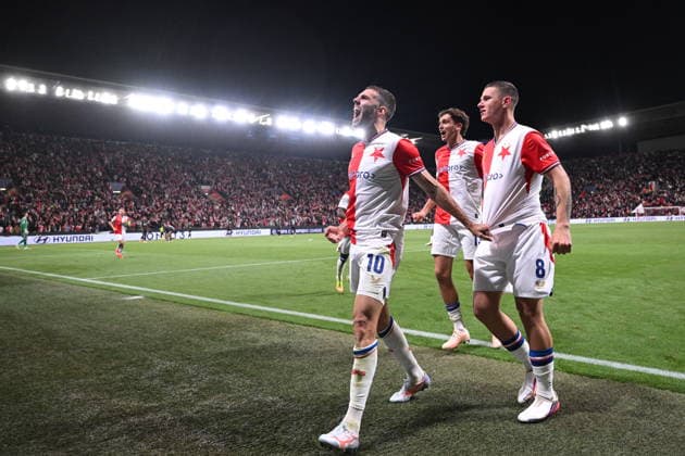 Danijel Sturm of Slavia, left, celebrates a goal during the Football Champions League opening round match Slavia Prague vs RC Lens on September 10, 2026, in Prague, Czech Republic. (CTKxPhoto MichalxKamaryt) CTKPhotoP2026091010638  CTKPhotoP2026091010638