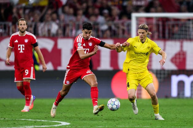 260910 Aleksandar Pavlovic of Bayern München and Ulrik Saltnes of Bodo Glimt during the UEFA Champions League football match between Bayern München and Bodo Glimt on September 10, 2026 in Munich. Photo: Marius Simensen BILDBYRAN COP 238 MM0073 bbeng football fotball fotboll soccer uefa champions league mesterligaen bodo glimt bayern münchen Copyright: MARIUSxSIMENSEN BB260910BB912